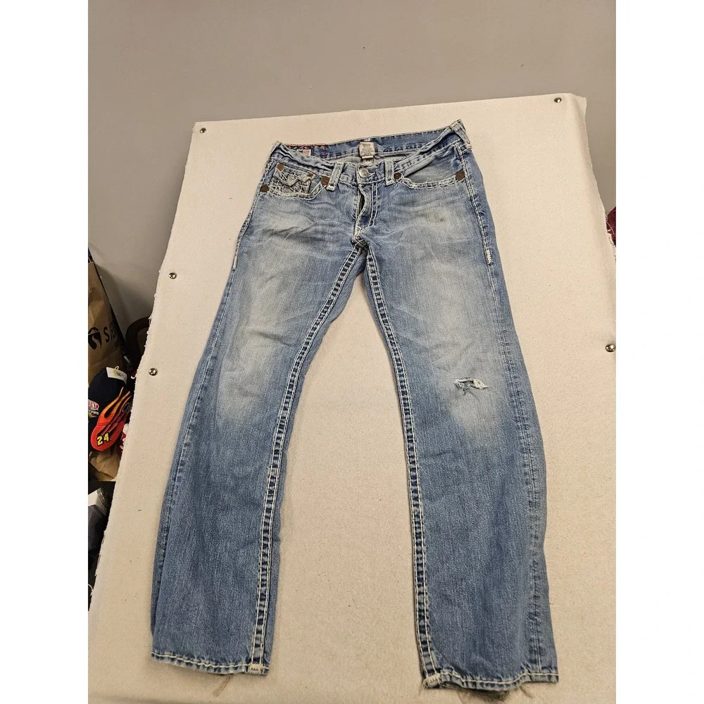 True Religion Ricky Super T Jeans Mens 36 Light Wash Straight Leg Distressed USA